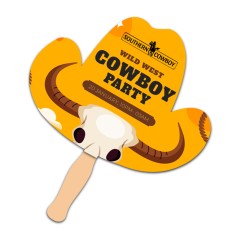 8x8 Inch Cowboy Hat Shape Full Color One Sided Hand Fans - 16 pt